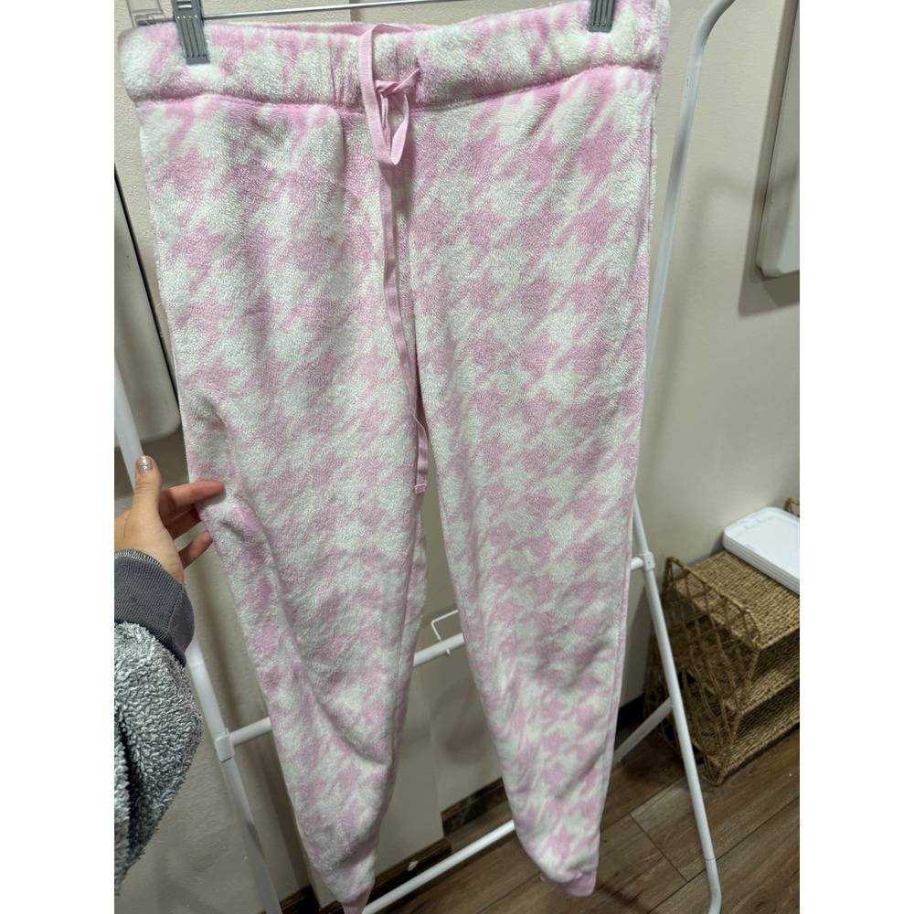 Joyspun Womens Pink White Houndstooth Fleece Pajama Pants Joggers‎ Size M 8-10